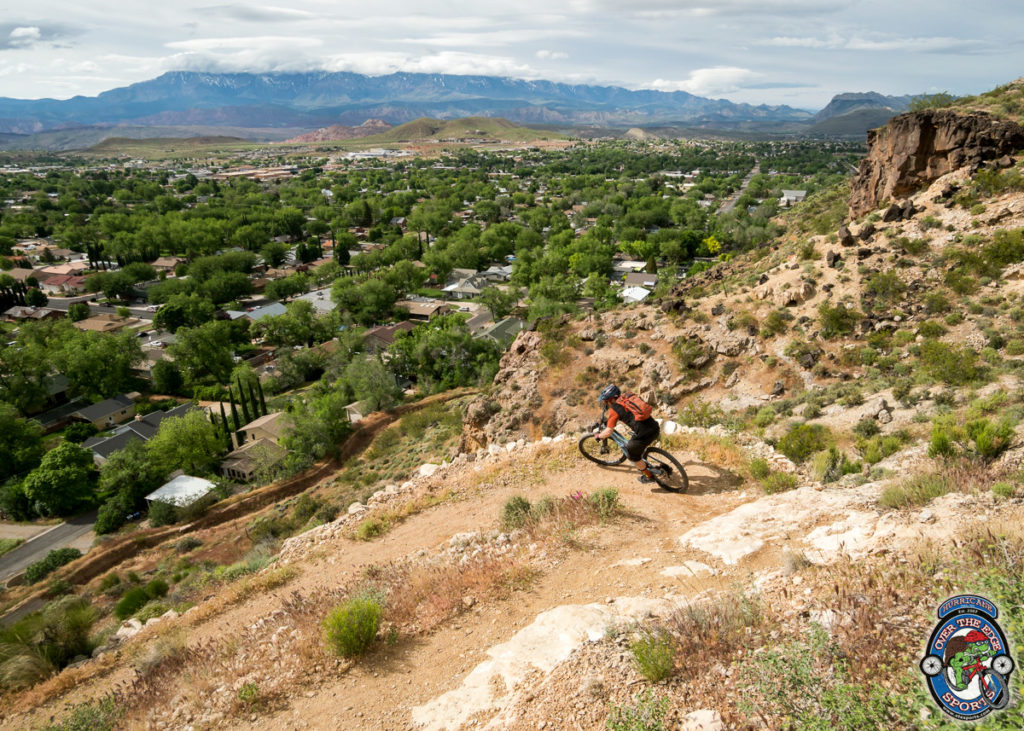 Ryan, riding the new Ibis Ripley down one of the switch backs on the Three Falls Trail, above Hurricane, Utah. 