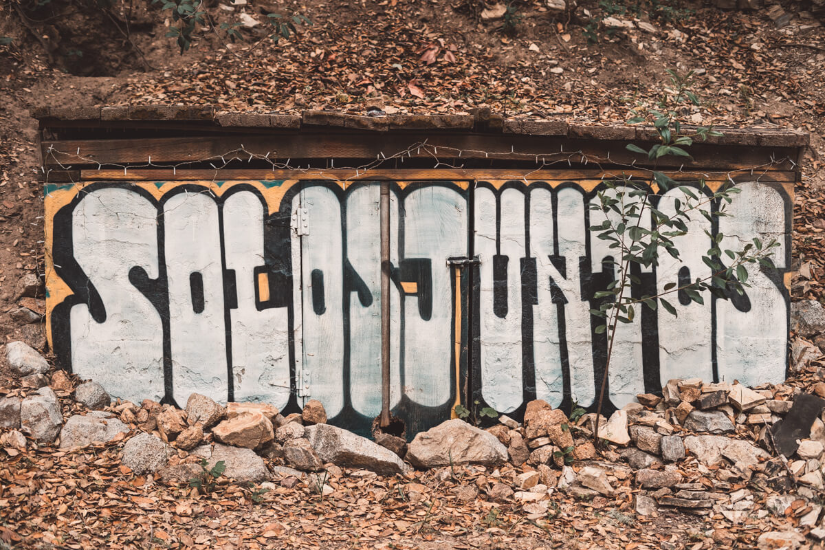 A photo of the word, "SOLOJUNTOS," in spray-painted bubble-style graffiti on a wall in a hillside in the forest.