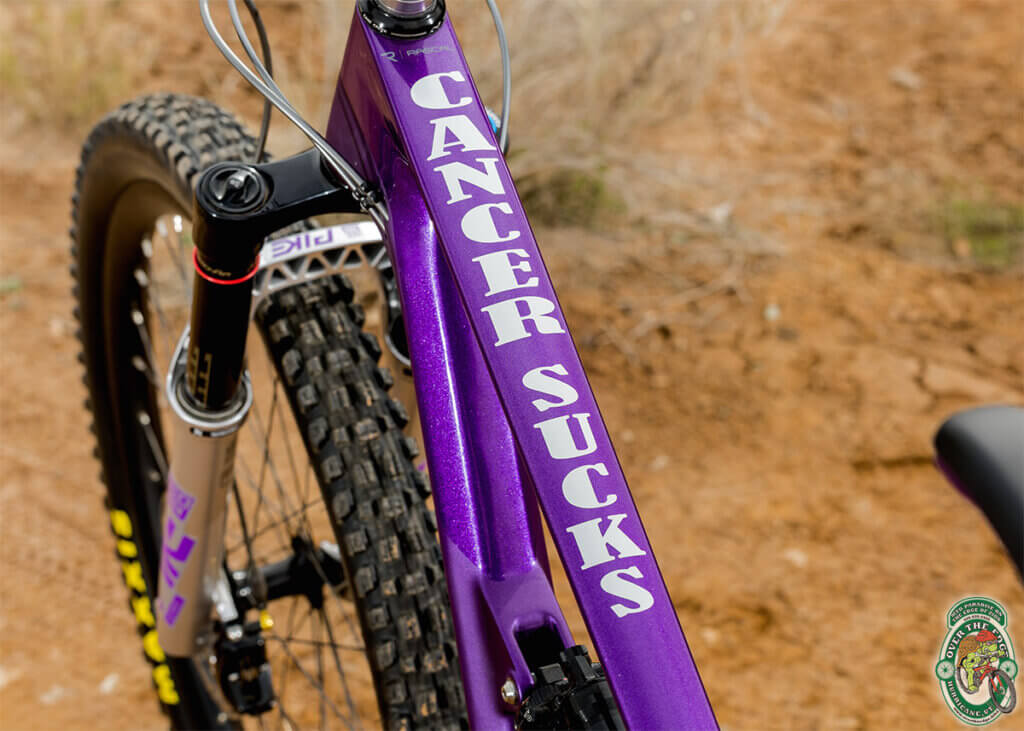 A photo of the words, "Cancer Sucks," in silver, on the top tube of a purple mountain bike.